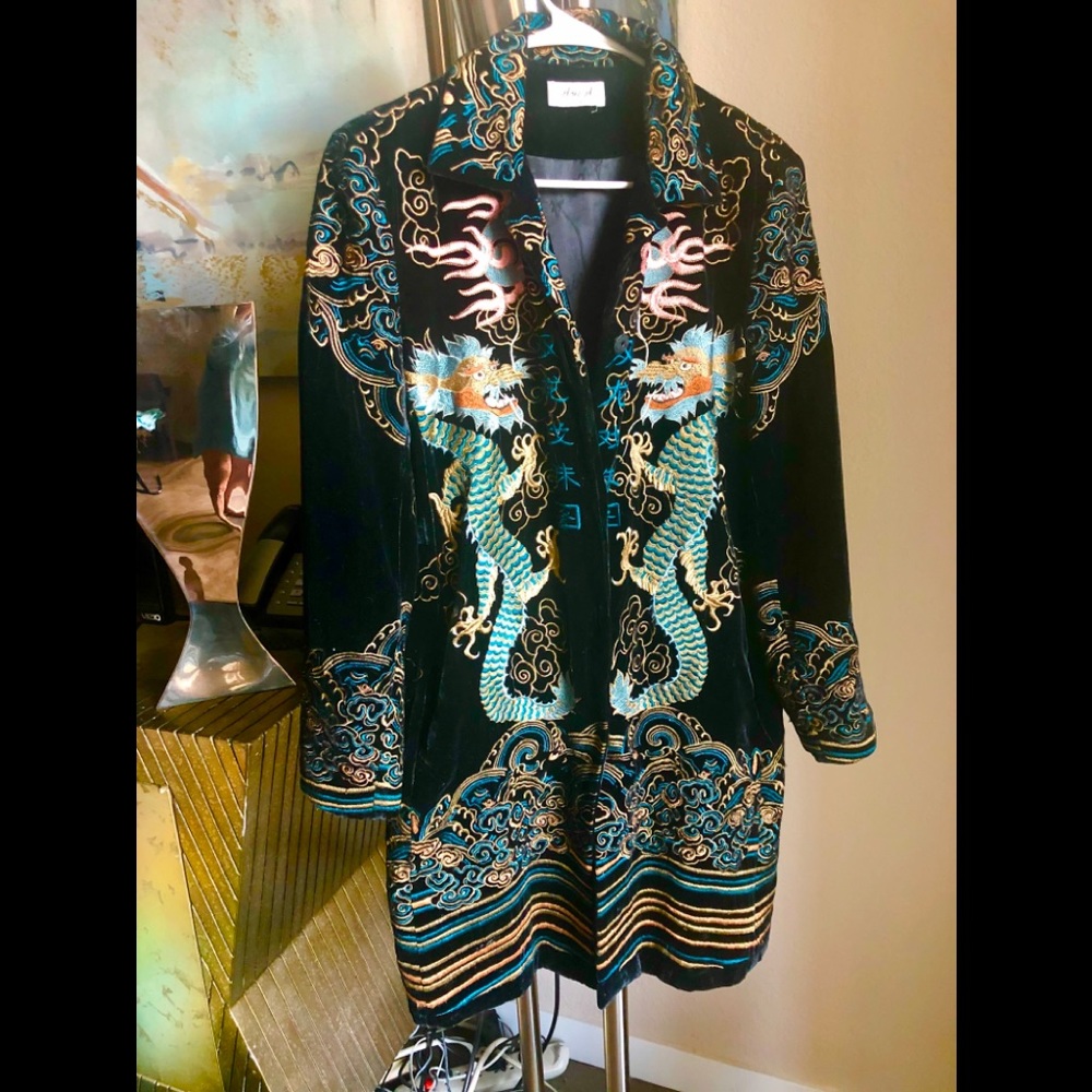 Coat designer kneelength velvet coat.Dragon Design